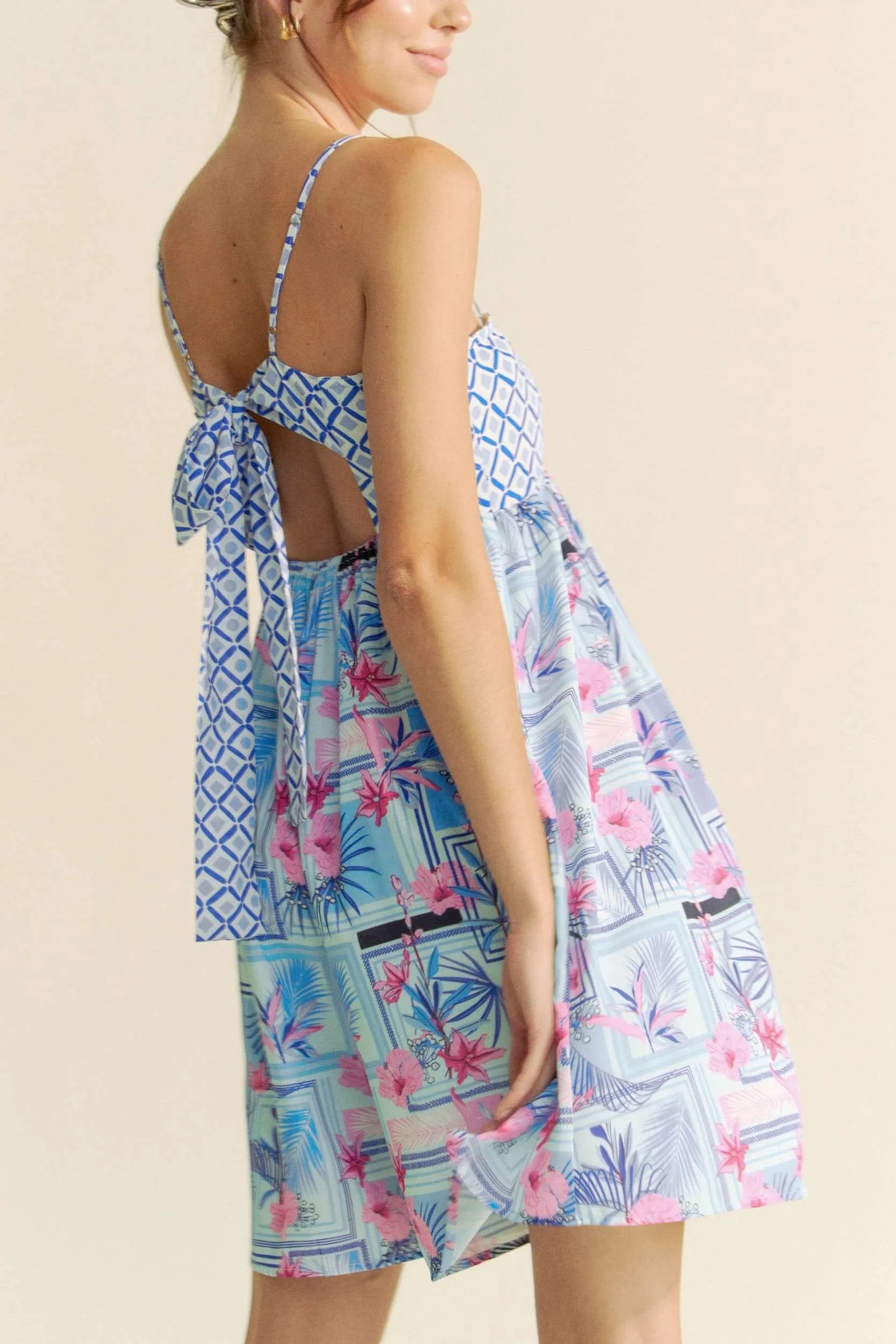 Davi & Dani Tropical Floral Geo Print Tie Back Tube Romper - NeoKira Unlimited