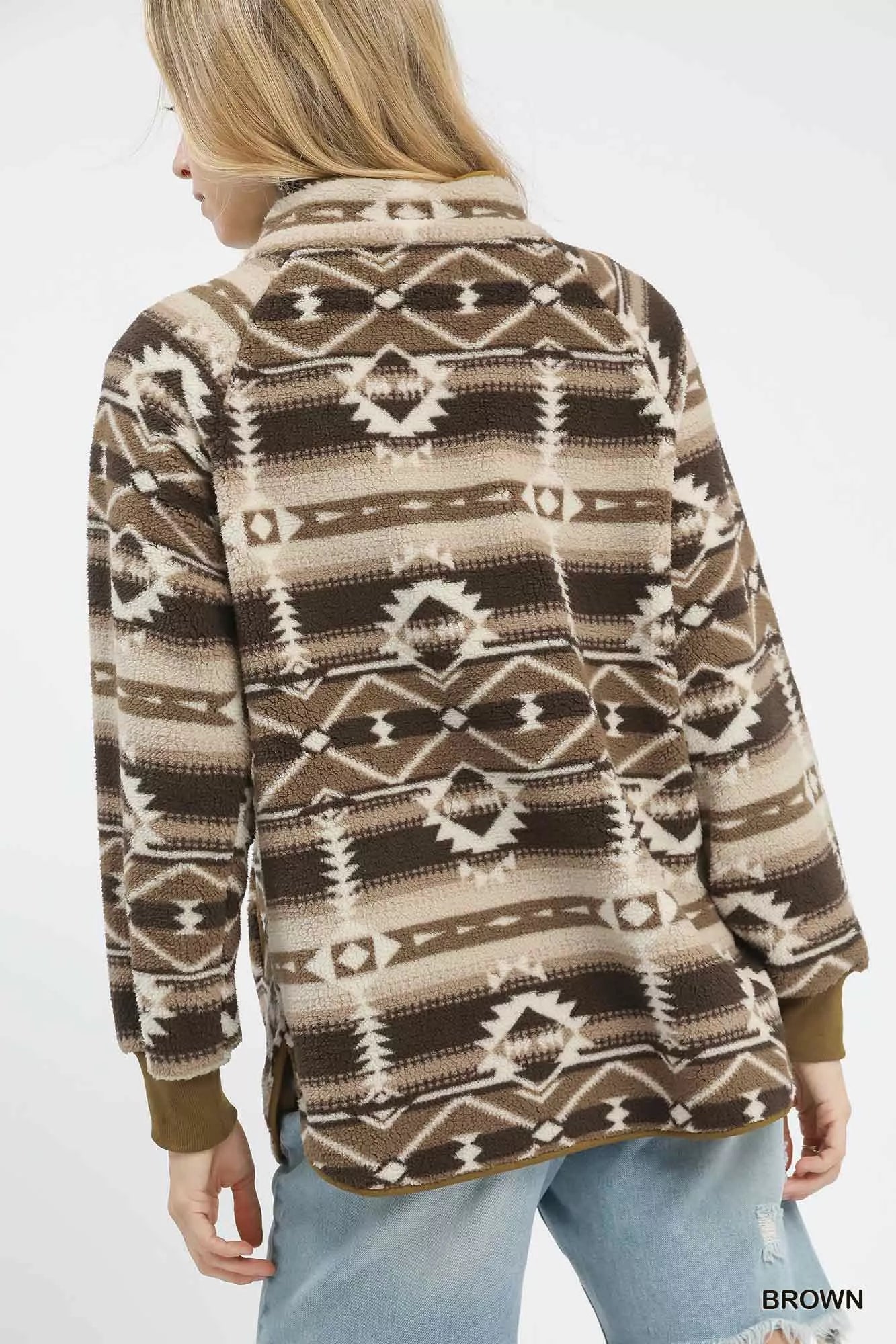 Umgee Aztec Print Sherpa Oversized Pullover Boho Western Style - NeoKira Unlimited
