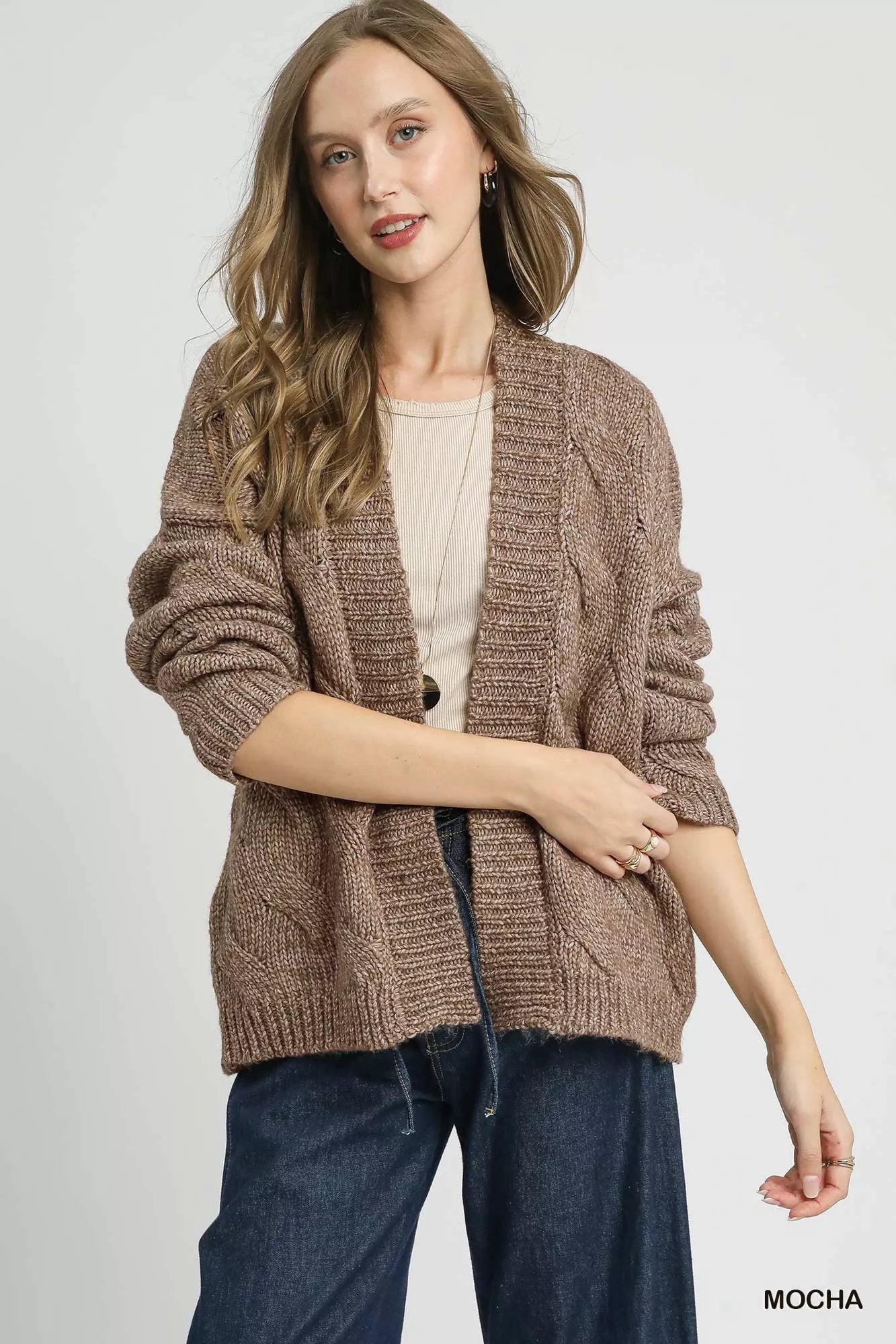 Umgee Chunky Cable Knit Open Front Cardigan Cozy Boho Style - NeoKira Unlimited