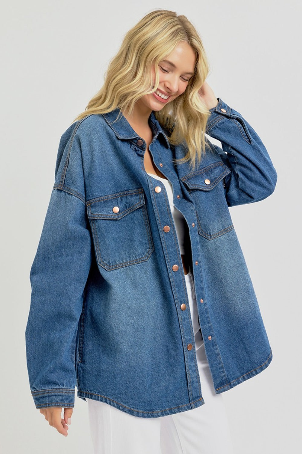 RISEN Full Size Snap Down Long Sleeve Denim Shacket - NeoKira Unlimited