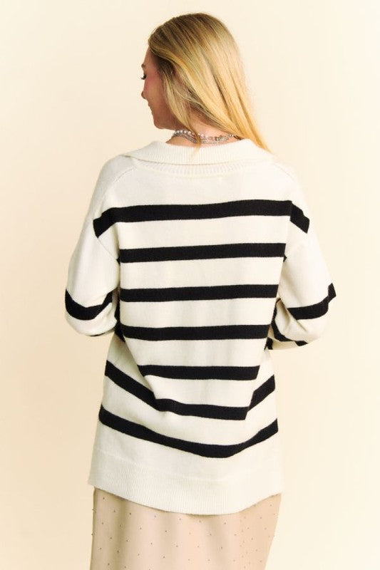 Davi & Dani High-Low Side Slit Striped Johnny Collar Sweater - NeoKira Unlimited