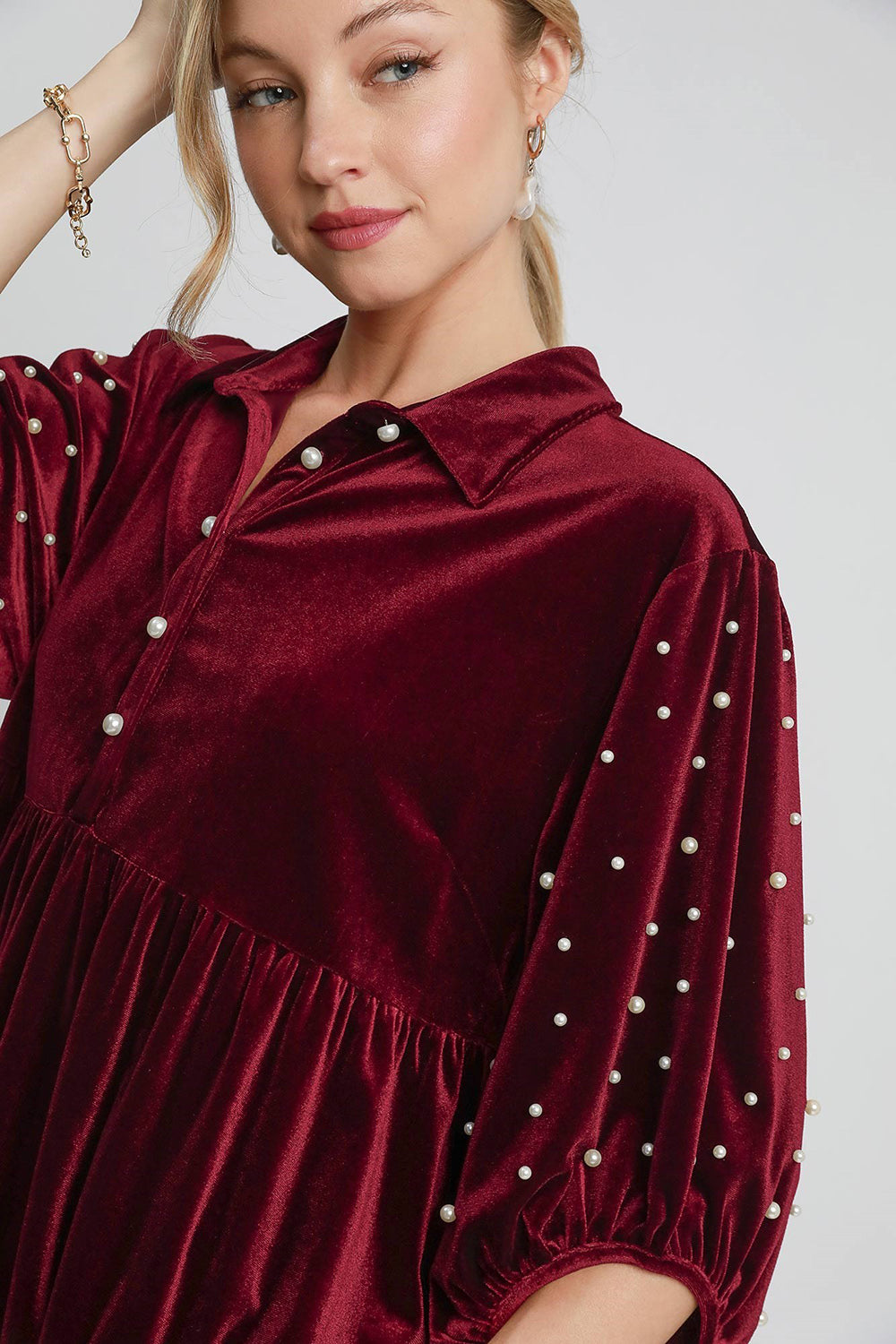 Umgee Pearl Detail Collared Neck Velvet Babydoll Blouse - NeoKira Unlimited
