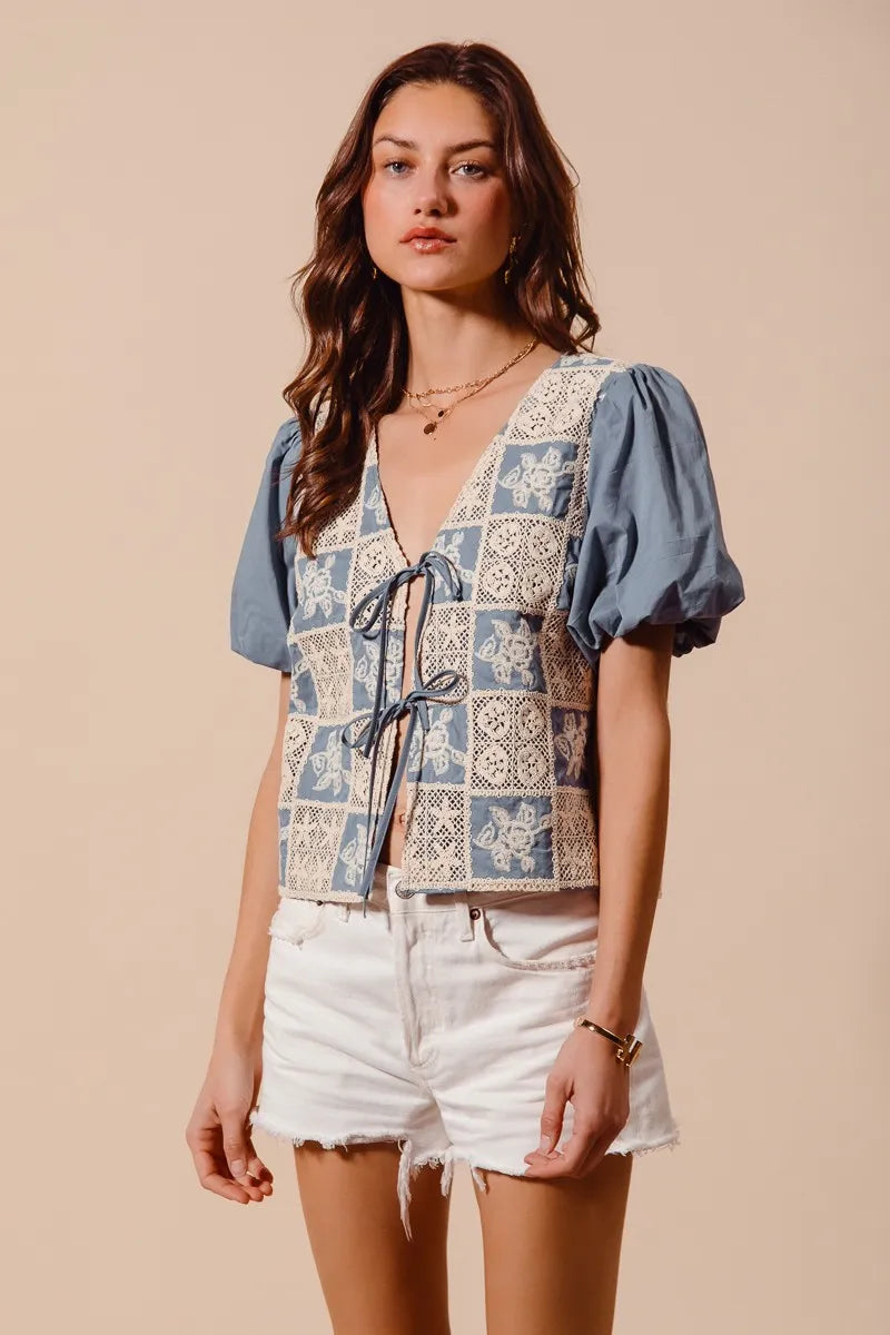SO ME Boho Patchwork Tie Front Puff Sleeve V Neck Cropped Blouse - NeoKira Unlimited