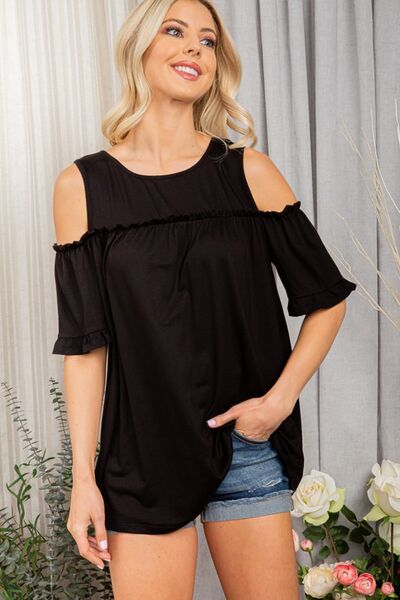 Heimish Full Size Frill Round Neck Cold Shoulder T-Shirt Plus Size - NeoKira Unlimited