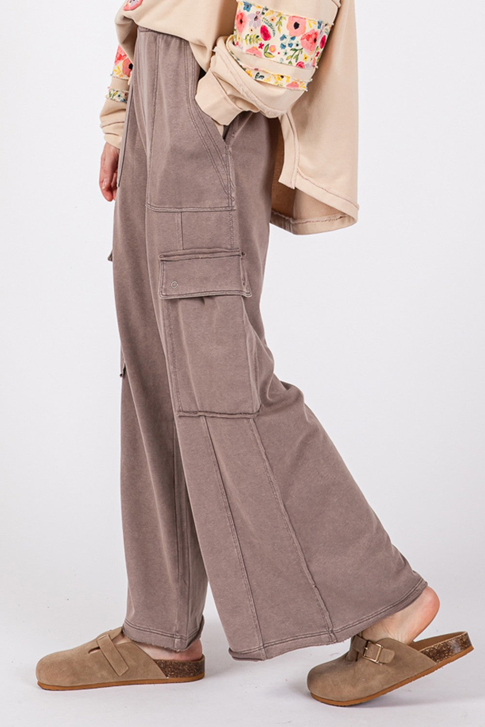 SAGE + FIG Knit Terry Mineral Wash Wide Leg Pants Pants Trendsi   