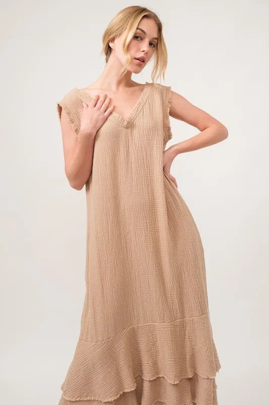 And The Why Washed Cotton Gauze Fringe Detail Tiered Dress - NeoKira Unlimited