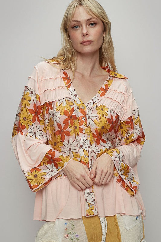 POL Frill Floral Johnny Collar Shirring Raglan Sleeve Shirt - NeoKira Unlimited