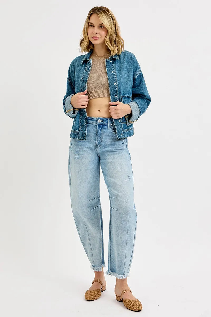 RISEN Vintage Inspired Oversized Denim Cargo Jacket With Pockets Cuffs - NeoKira Unlimited