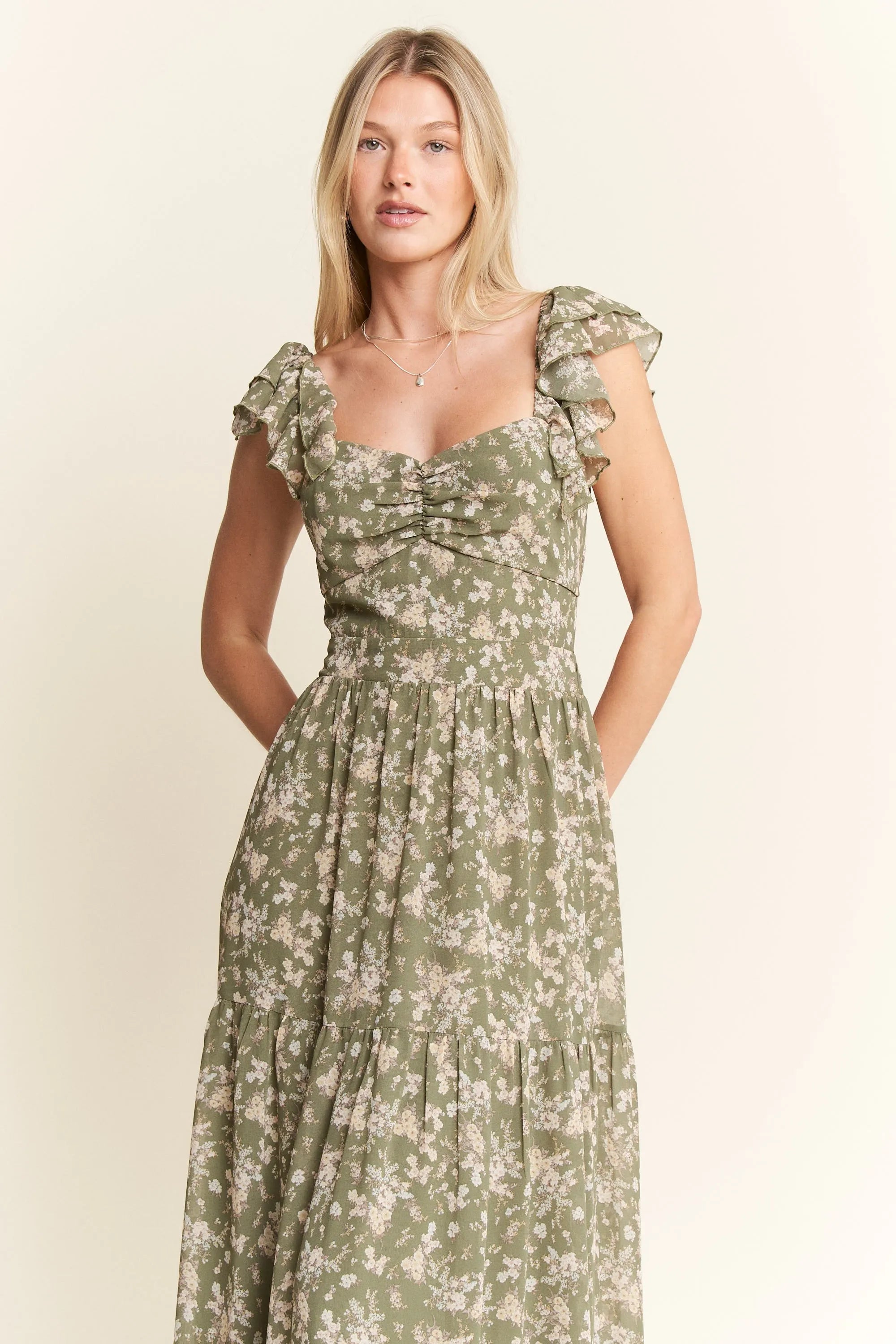 Jade By Jane Sage Green Floral Smocked Tiered Ruffle Sleeves Maxi Dress - NeoKira Unlimited