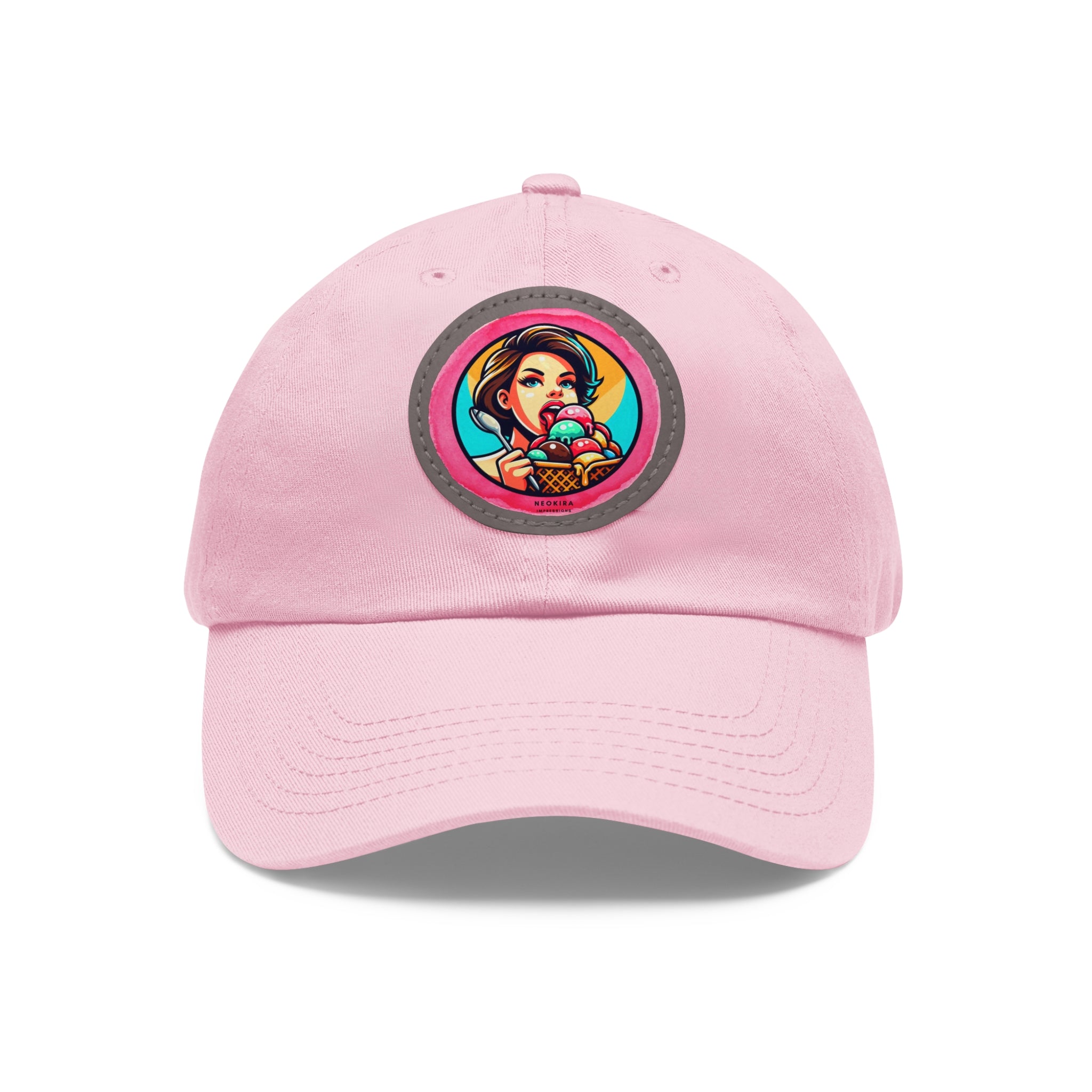 ICE CREAM Dad Hat with Leather Patch (Round) Caps Printify Light Pink / Grey patch Circle One size