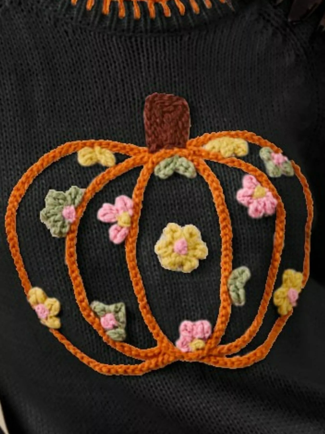 SO ME Festive Whimsical Pumpkin Floral Embroidered Thanksgiving Sweater - NeoKira Unlimited