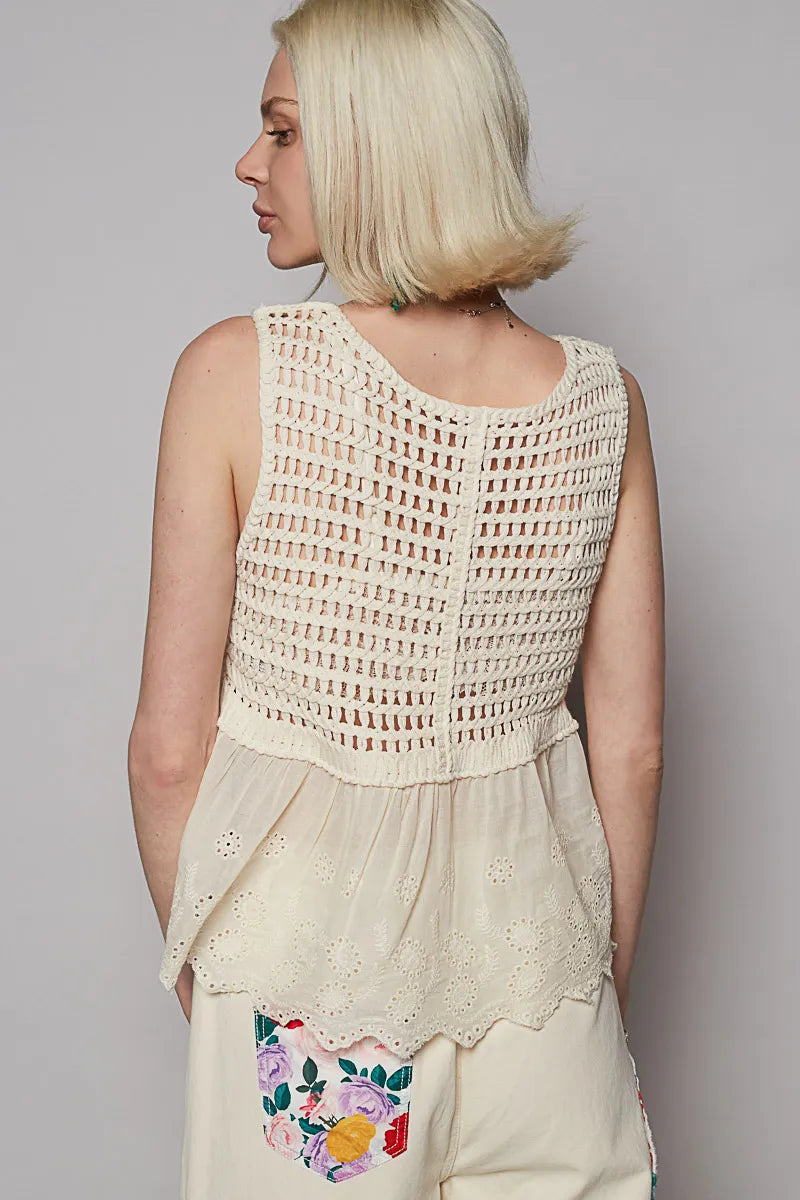 POL Embroidered Detail V-Neck Eyelet Peplum Tank - NeoKira Unlimited