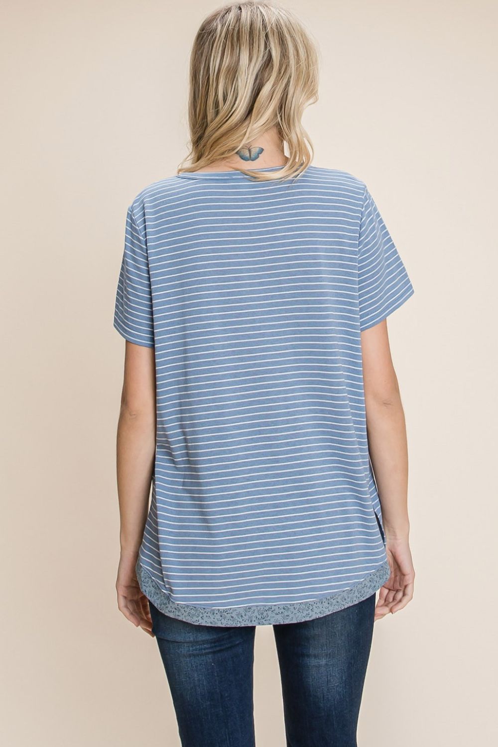 Cotton Bleu by Nu Lab Slit Striped Notched Short Sleeve T-Shirt - NeoKira Unlimited