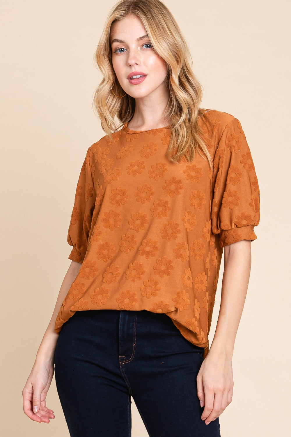 BOMBOM Textured Floral Pattern Top Top Trendsi   