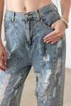 Litz La Washed Barrel Leg High Waist Distressed Jeans Jeans Trendsi   