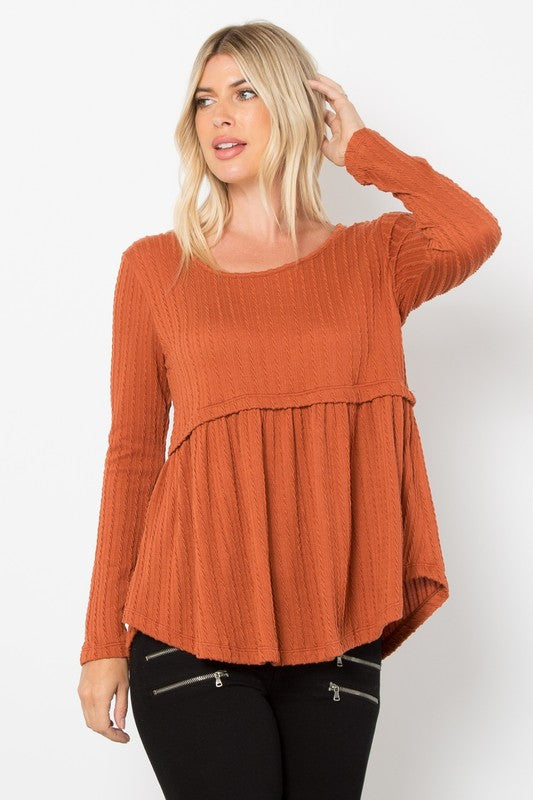 Be Stage Full Size Texture Babydoll Round Neck Long Sleeve Knit Top - NeoKira Unlimited