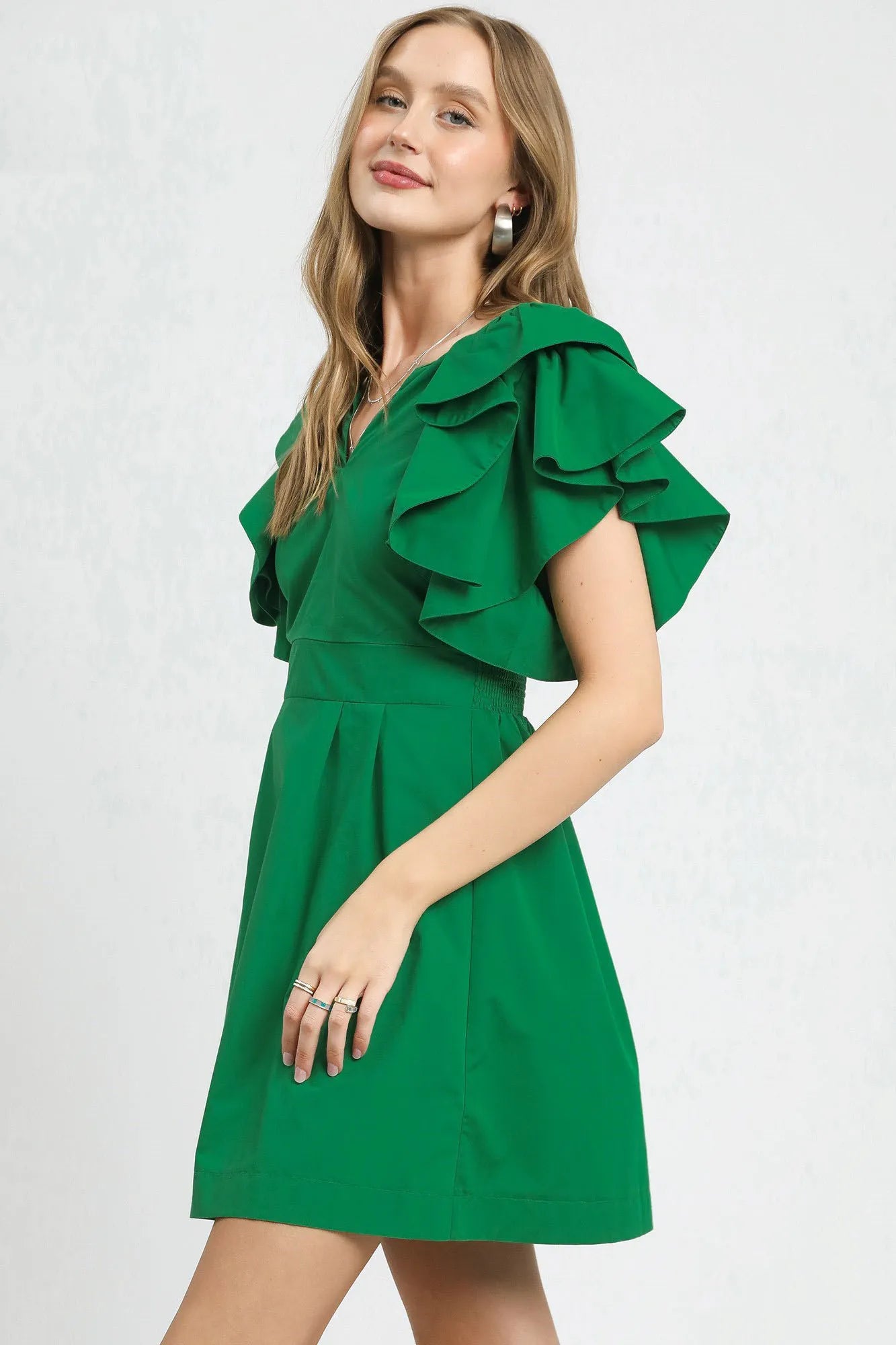 Umgee Boho Chic Emerald Green Double Ruffle Sleeve Flare Mini Dress - NeoKira Unlimited