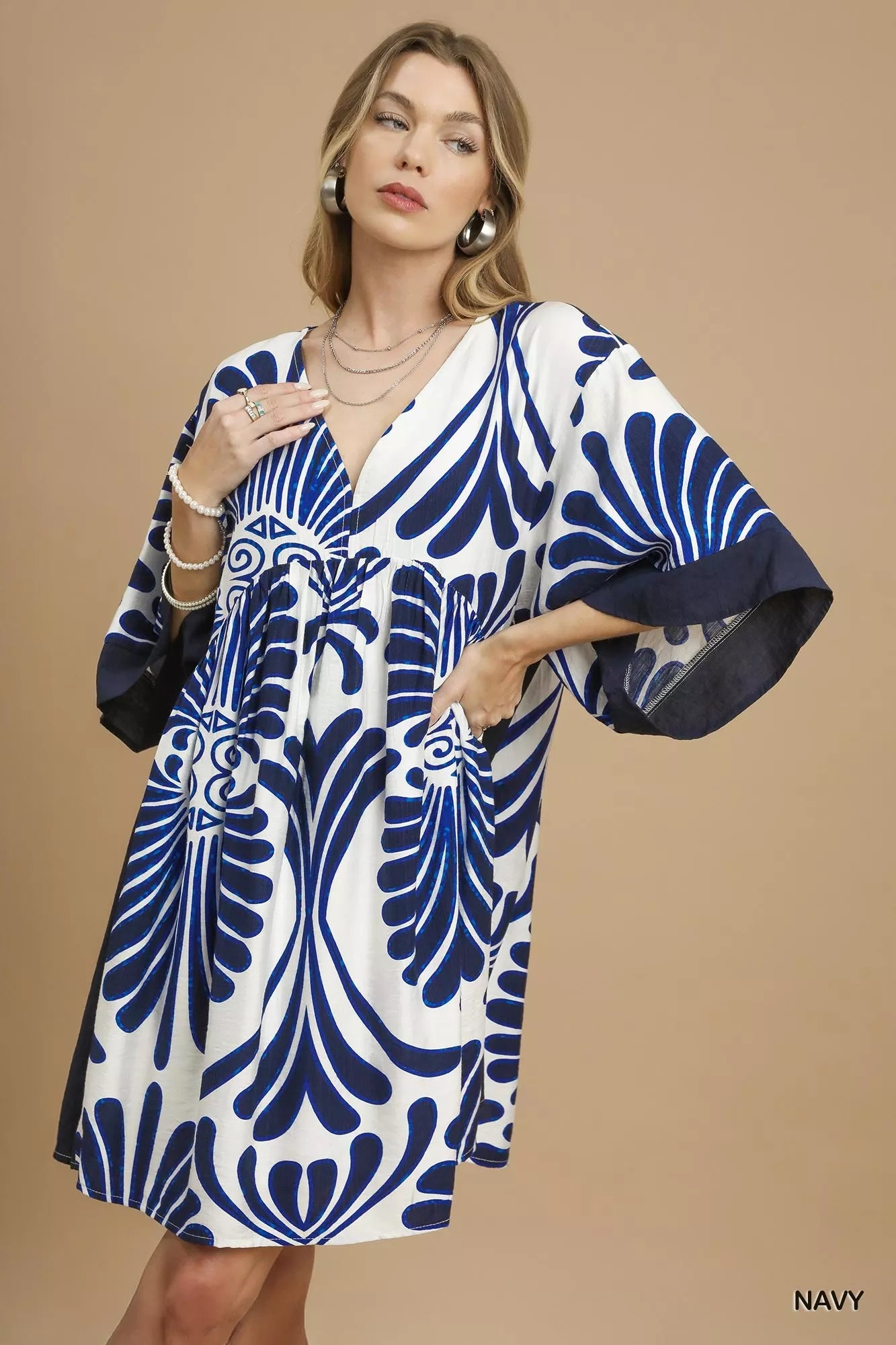 Umgee Abstract Print Kimono Sleeve Mini Dress - NeoKira Unlimited