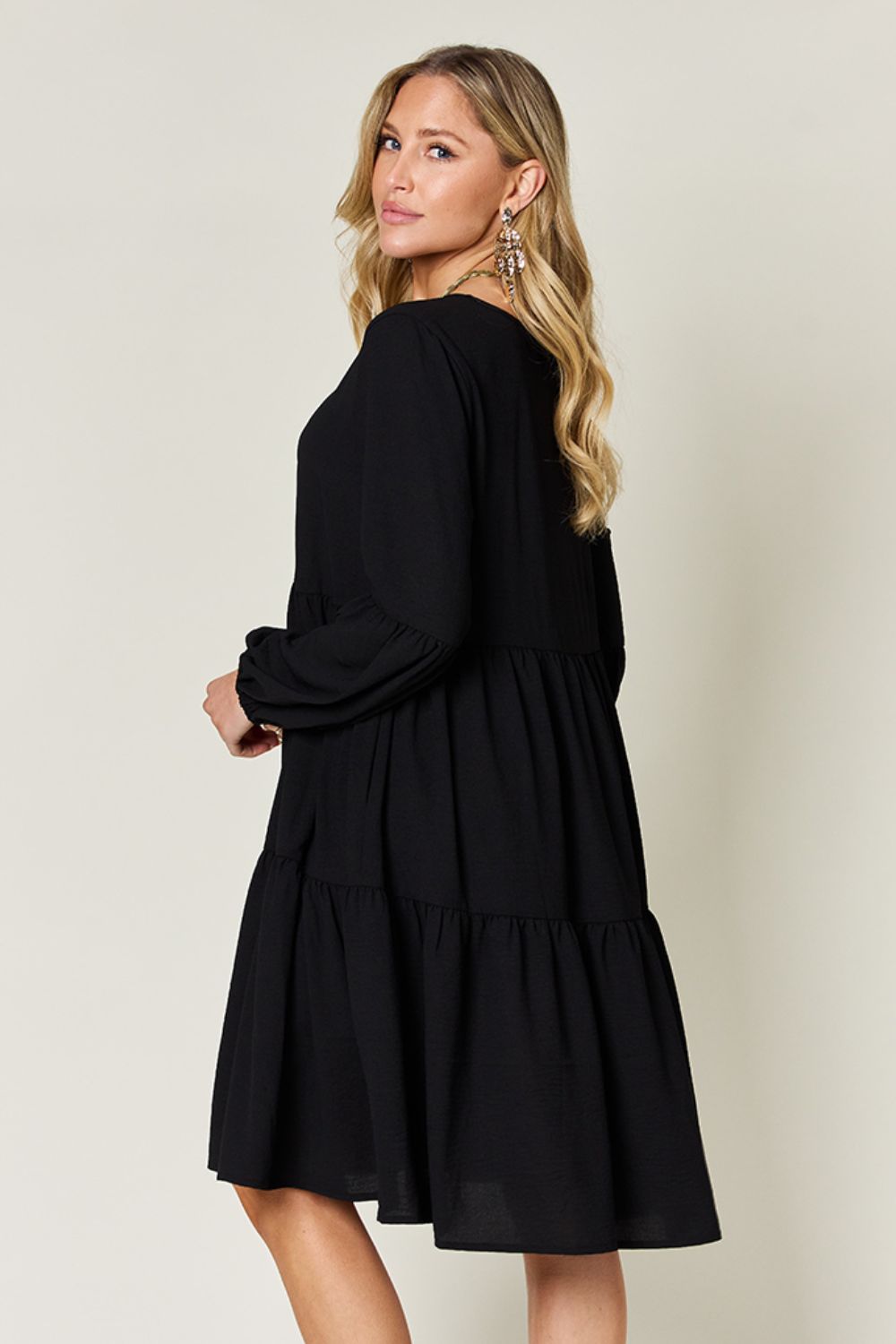 Double Take Full Size V-Neck Balloon Sleeve Tiered Dress Mini Dress Trendsi   