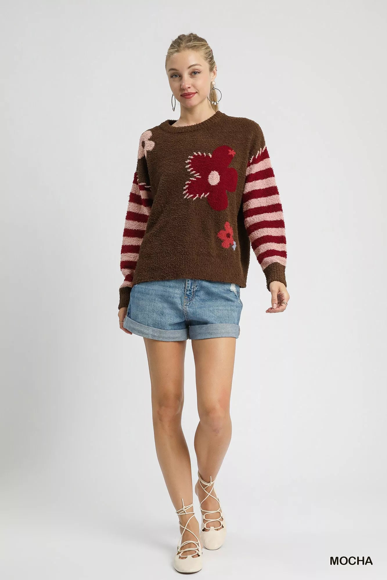 Umgee Flower Jacquard Striped Long Sleeve Sweater Cozy Cottagecore Chic - NeoKira Unlimited
