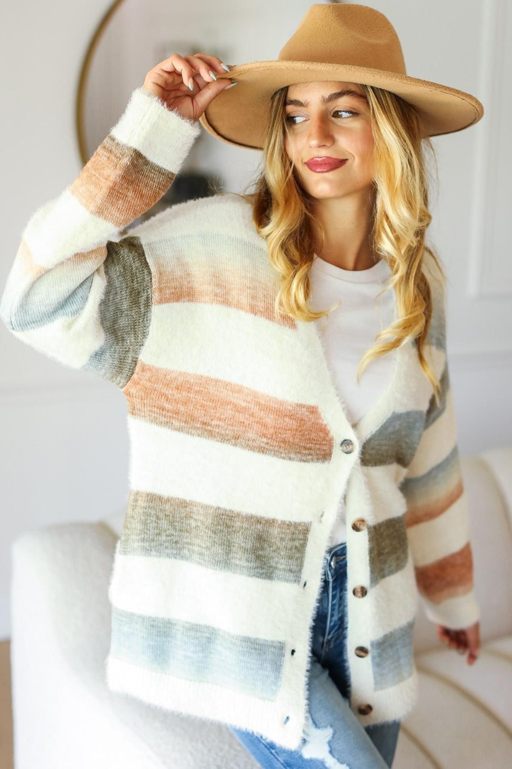 Haptics Full Size Button Down Stripe Soft Fuzzy Sweater Cardigan - NeoKira Unlimited