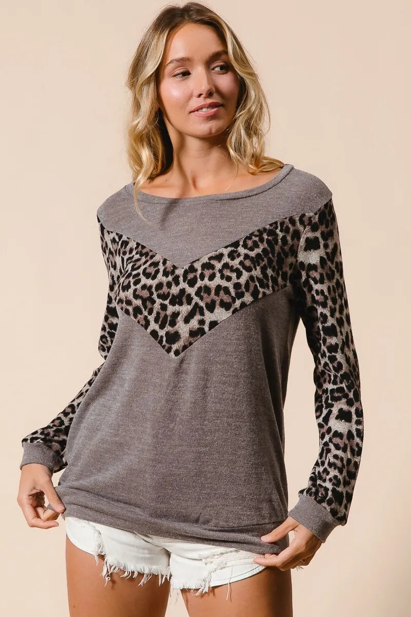 BiBi Sweater Knit Top With Leopard V Shape Block - NeoKira Unlimited