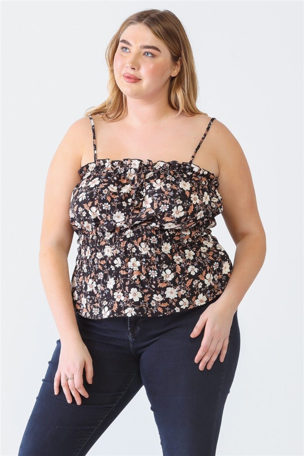 Zenobia Plus Size Frill Floral Square Neck Cami Cami Trendsi Black 1XL 