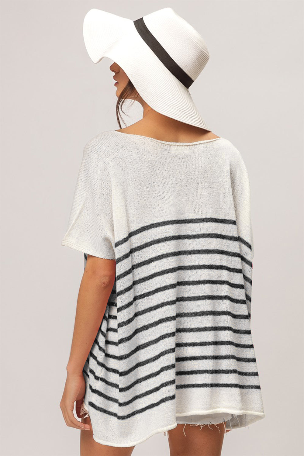 BiBi V Neck Striped Short Sleeve Top Top Trendsi   