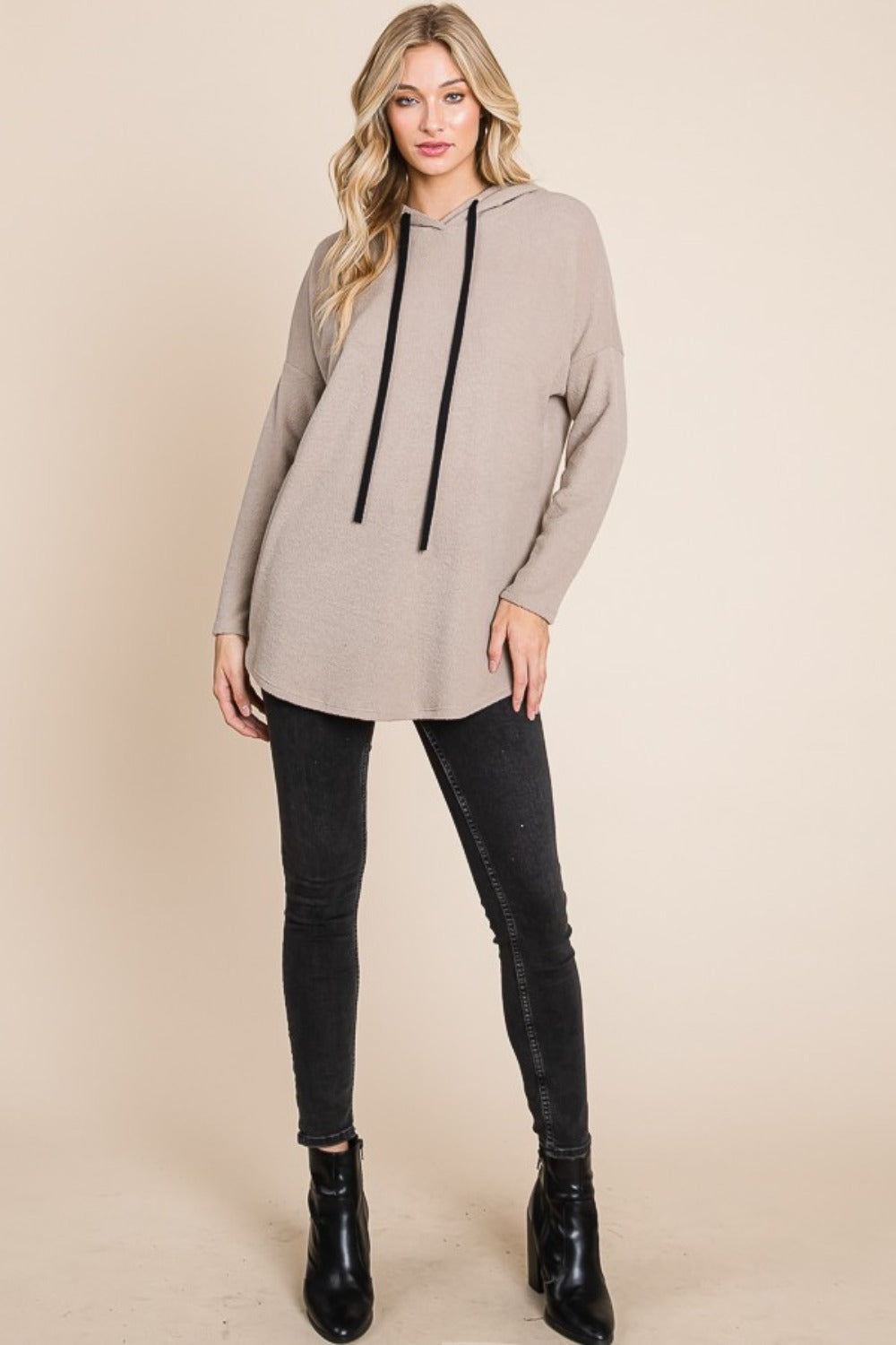 BOMBOM Contrast Drawstring Drop Shoulder Knit Hoodie - NeoKira Unlimited