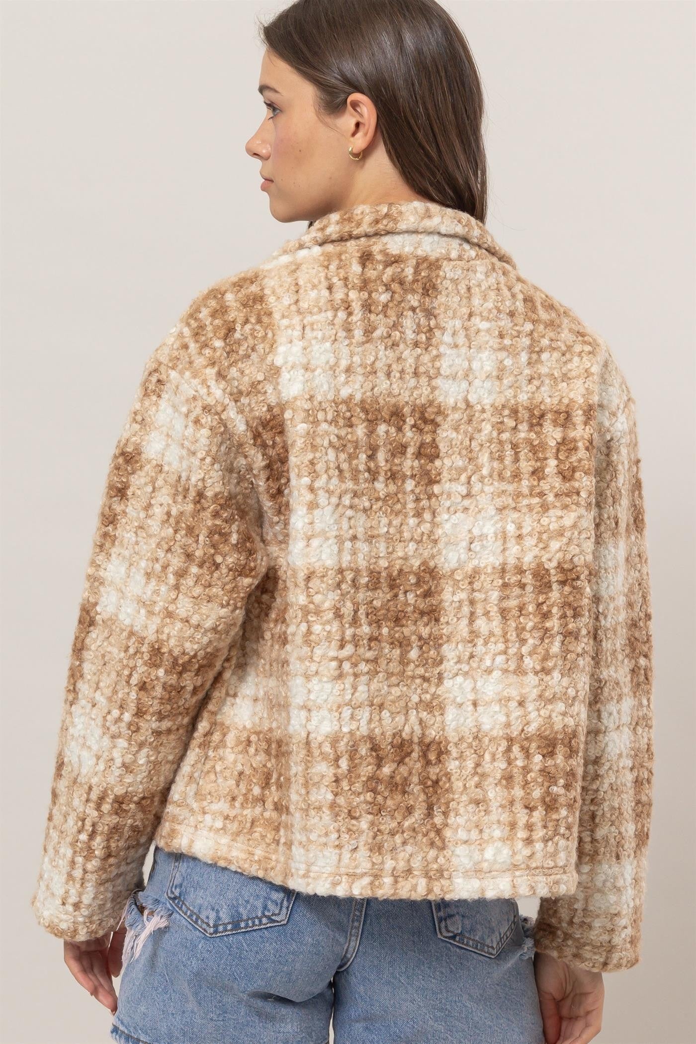 HYFVE Plaid Collared Neck Boucle Jacket with Pockets - NeoKira Unlimited