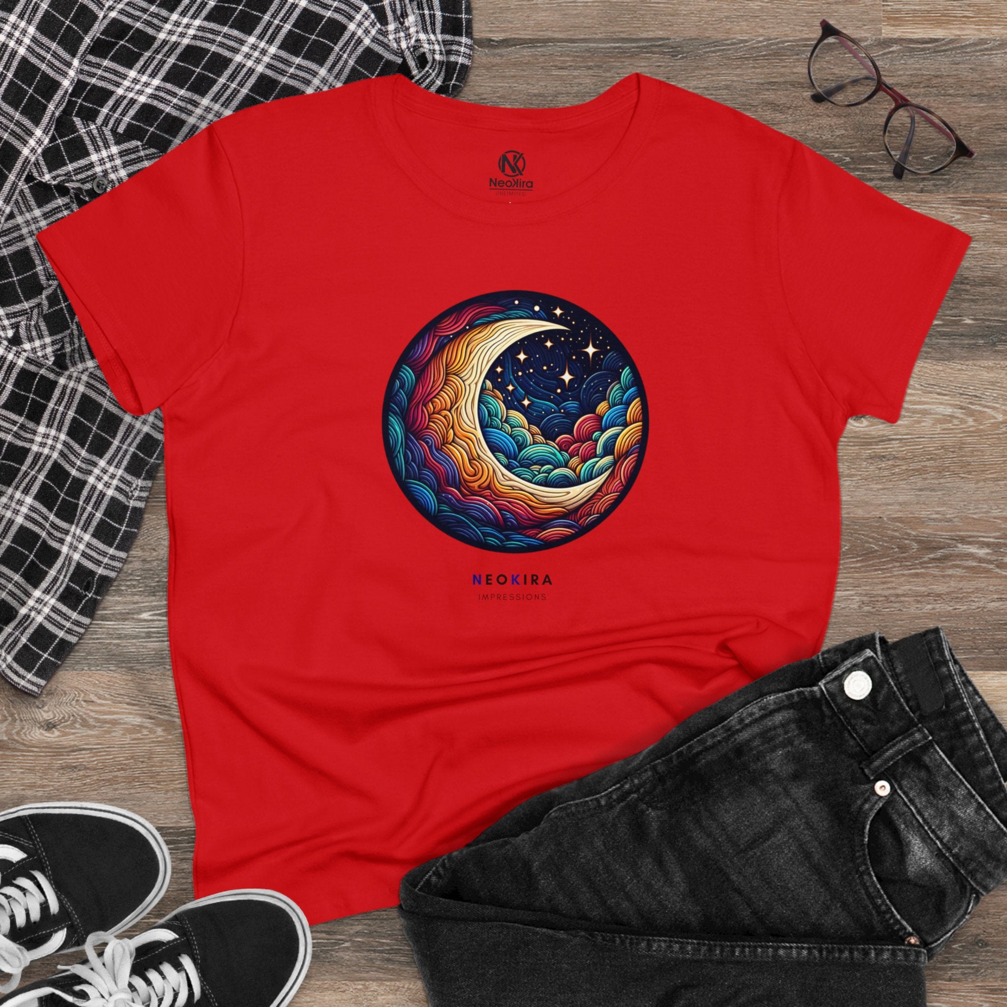 MOON AND STARS Women's Midweight Cotton Tee T-Shirt Printify Red S 