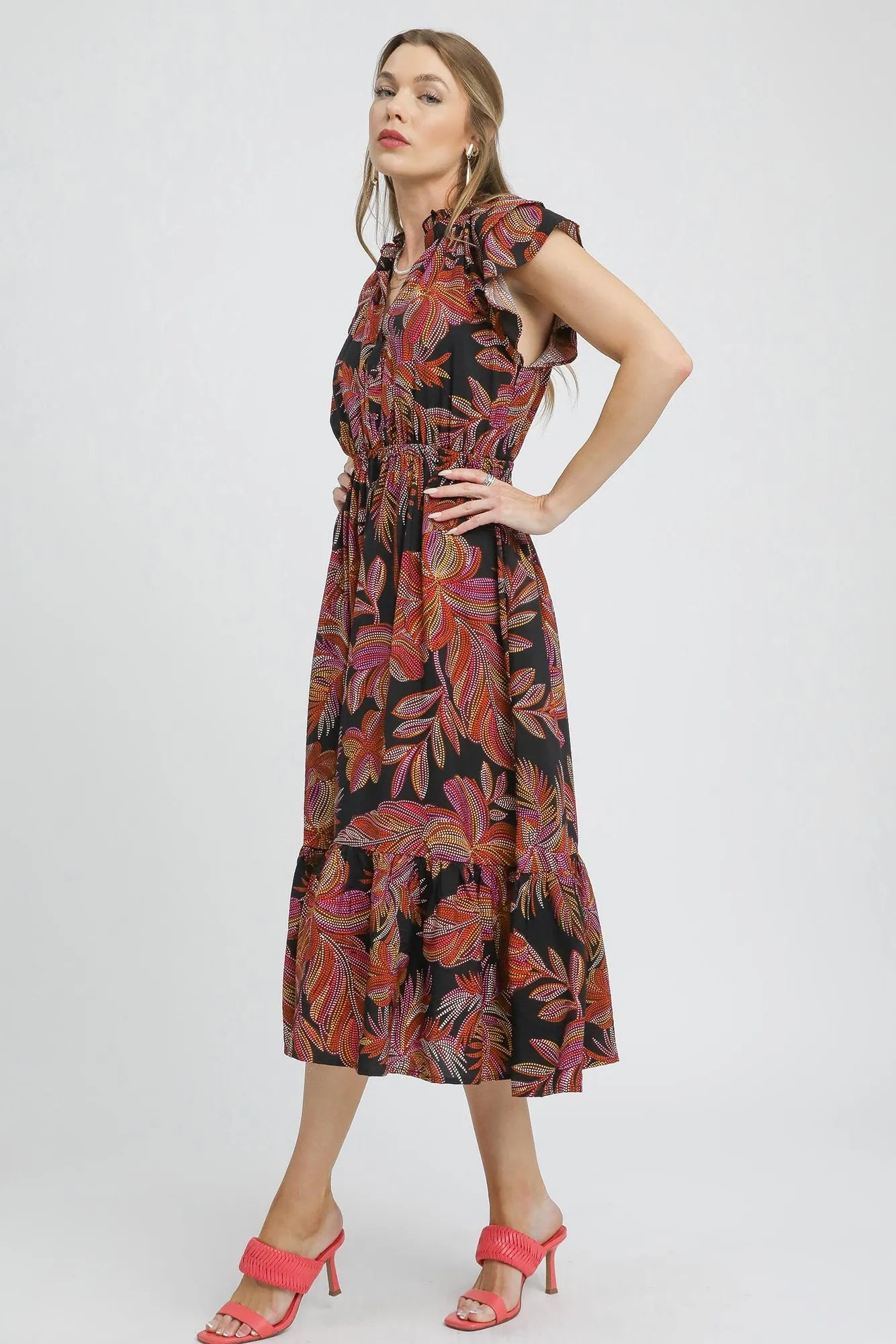Umgee Boho Tropics Leaf Print Ruffle Sleeve Midi Dress - NeoKira Unlimited