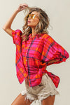 BiBi Button Up Dolman Sleeve Plaid Shirt Shirt Trendsi   