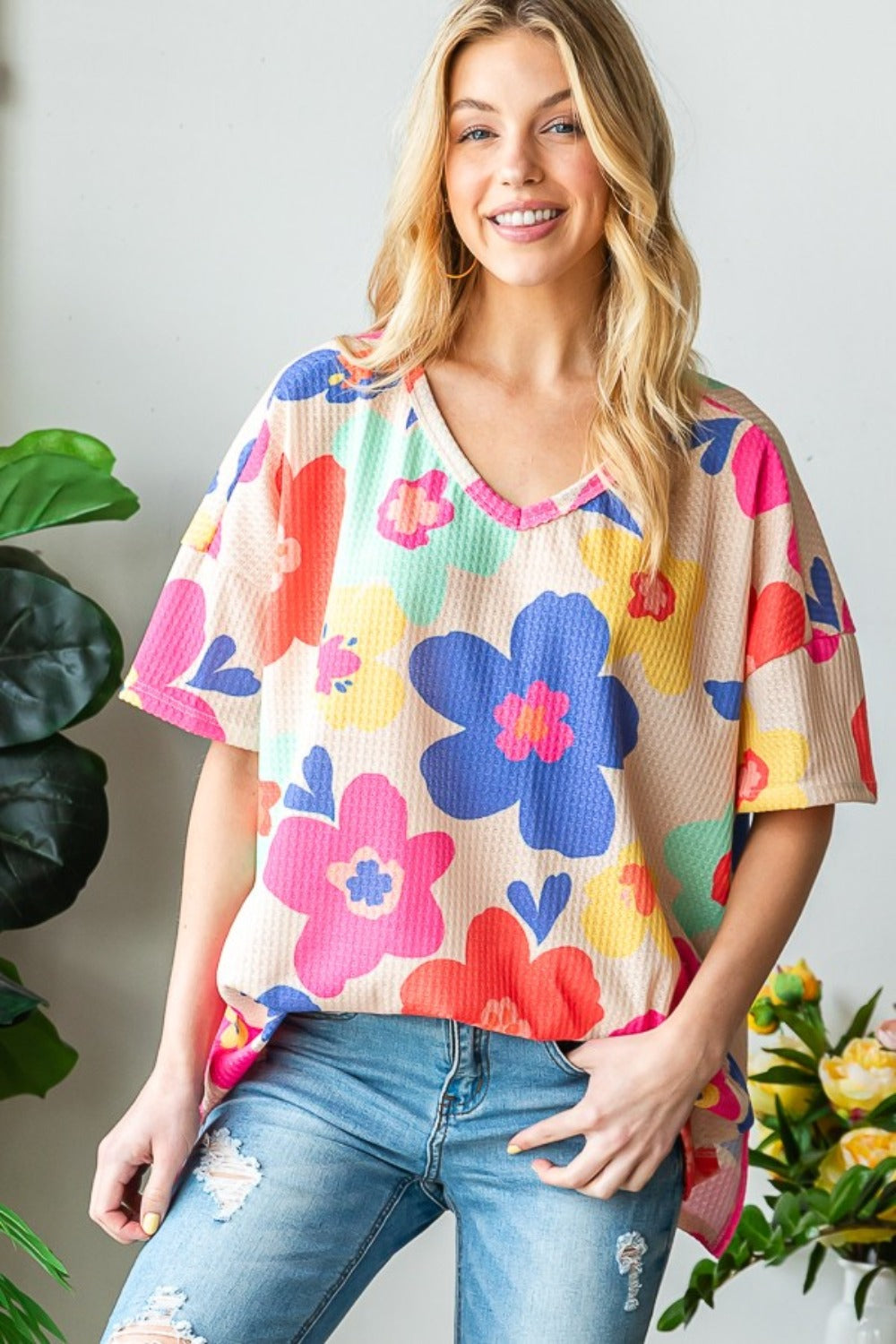 HOPELY Full Size Floral V-Neck Side Slit T-Shirt - NeoKira Unlimited