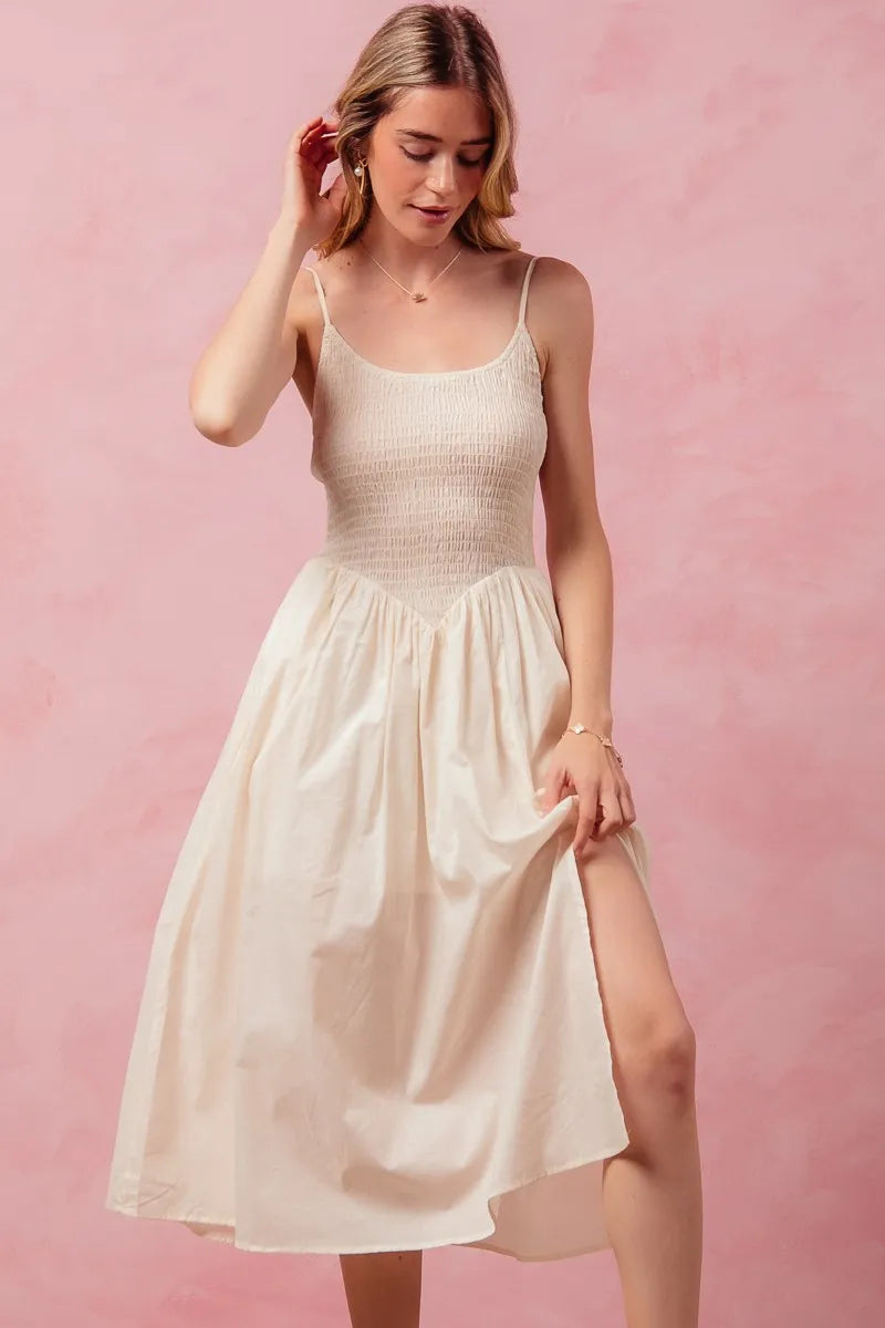 SO ME Smocked Casual Midi Dress With Slit And Spaghetti Straps - NeoKira Unlimited