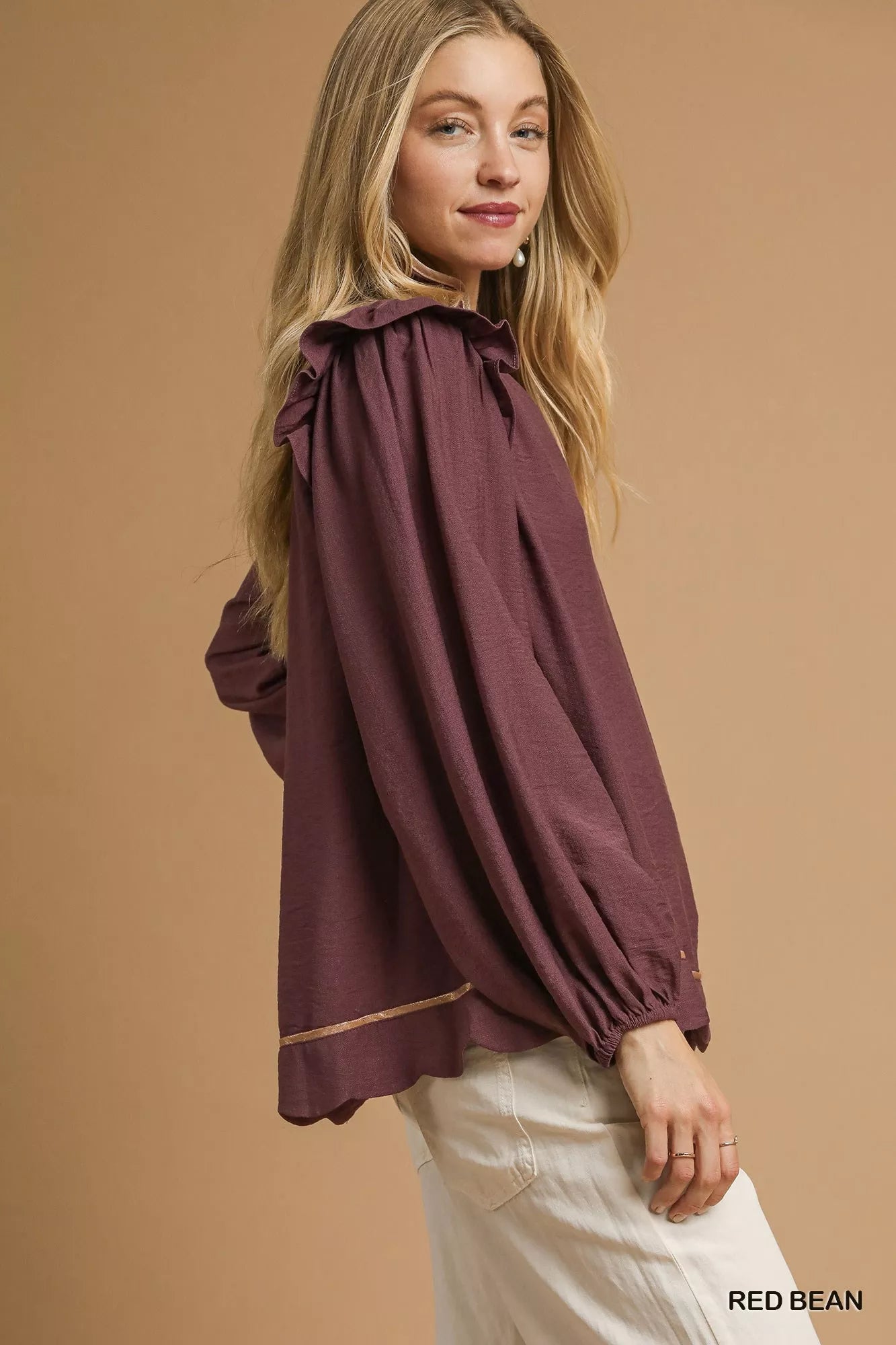 Umgee Ruffle Shoulder Long Sleeve Blouse - NeoKira Unlimited