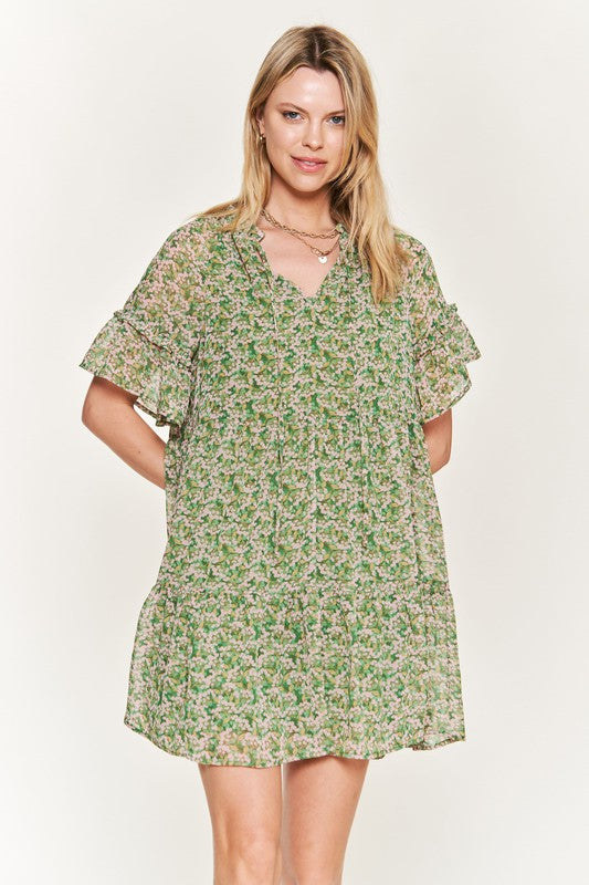 Jade By Jane Boho Floral V-Neck Ruffle Mini Dress | Loose Fit Chic Style - NeoKira Unlimited