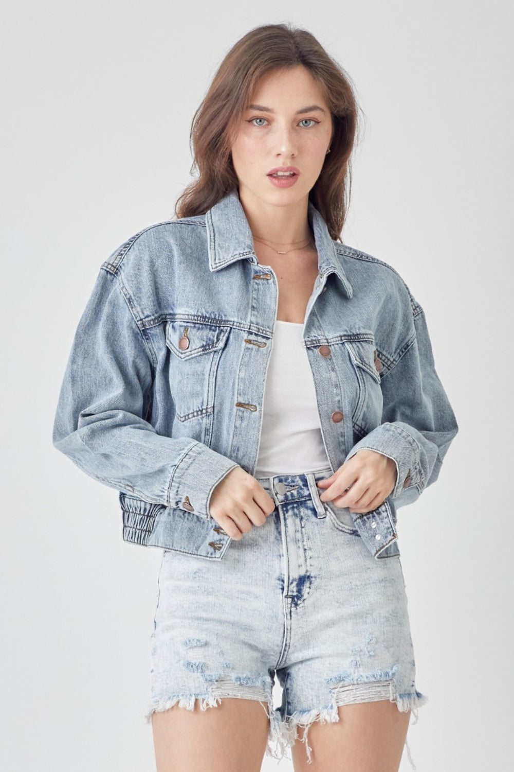 RISEN Full Size Button Down Cropped Denim Jacket Jacket Trendsi   