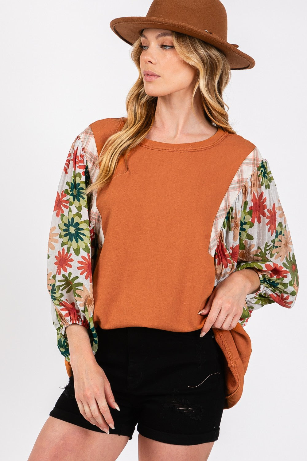 SAGE + FIG Full Size Printed Balloon Sleeve Contrast Top - NeoKira Unlimited