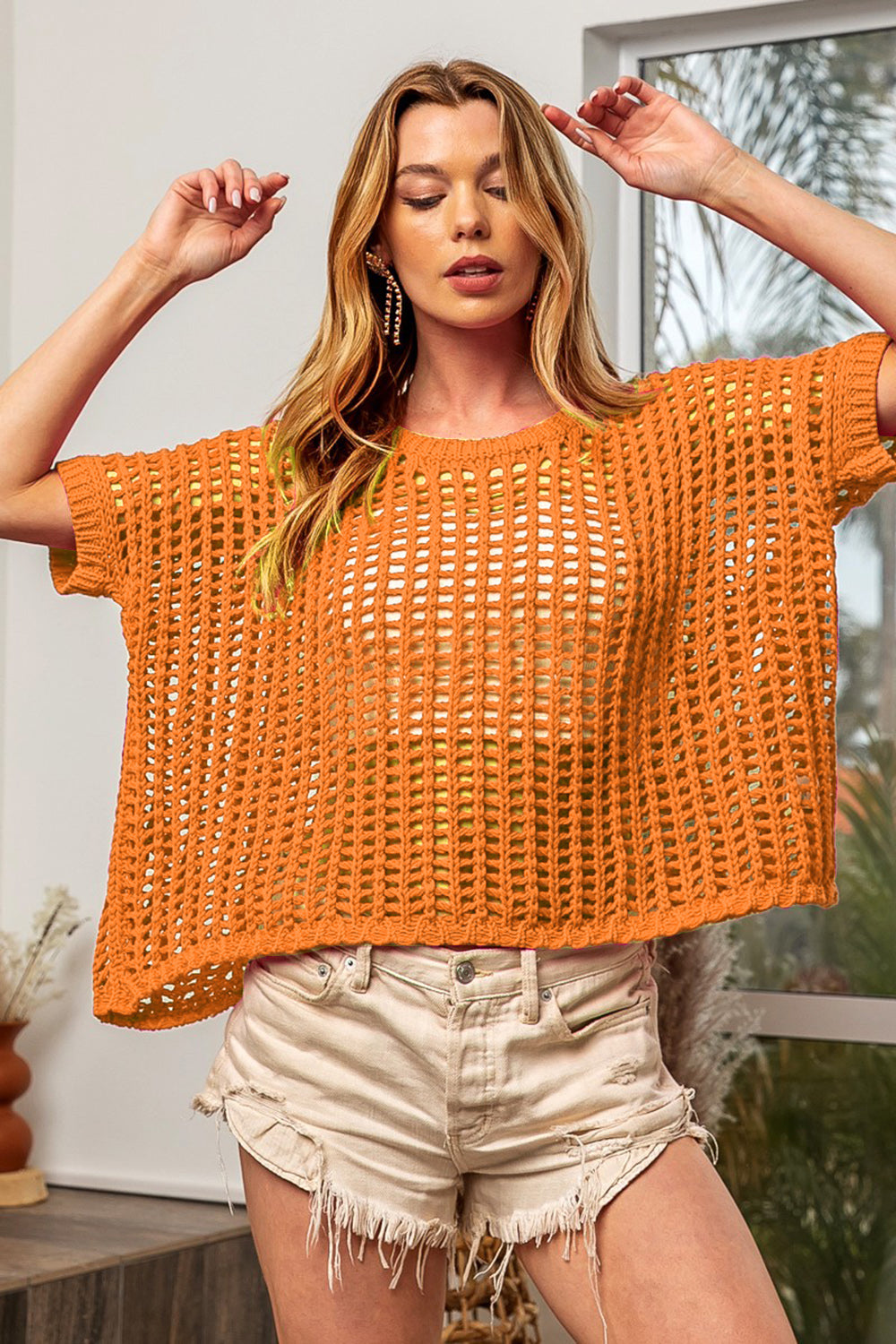 BiBi Hollowed Out Short Sleeve Knit Cover Up Cover Up Trendsi Orange S 