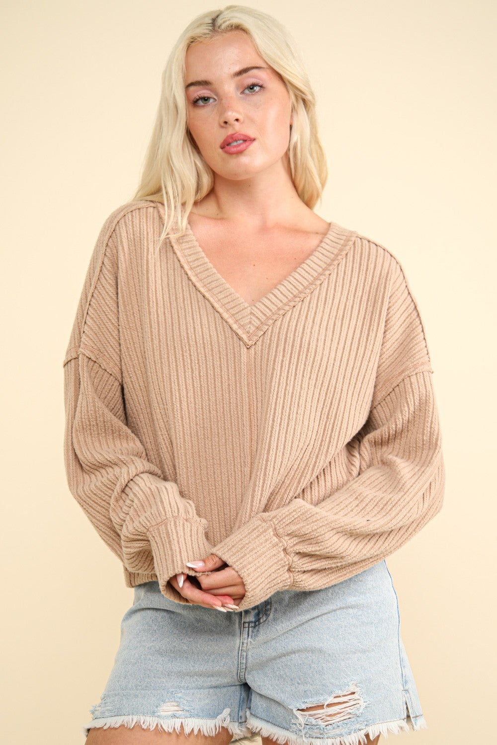 VERY J Exposed Seam V-Neck Ribbed Knit Top - NeoKira Unlimited