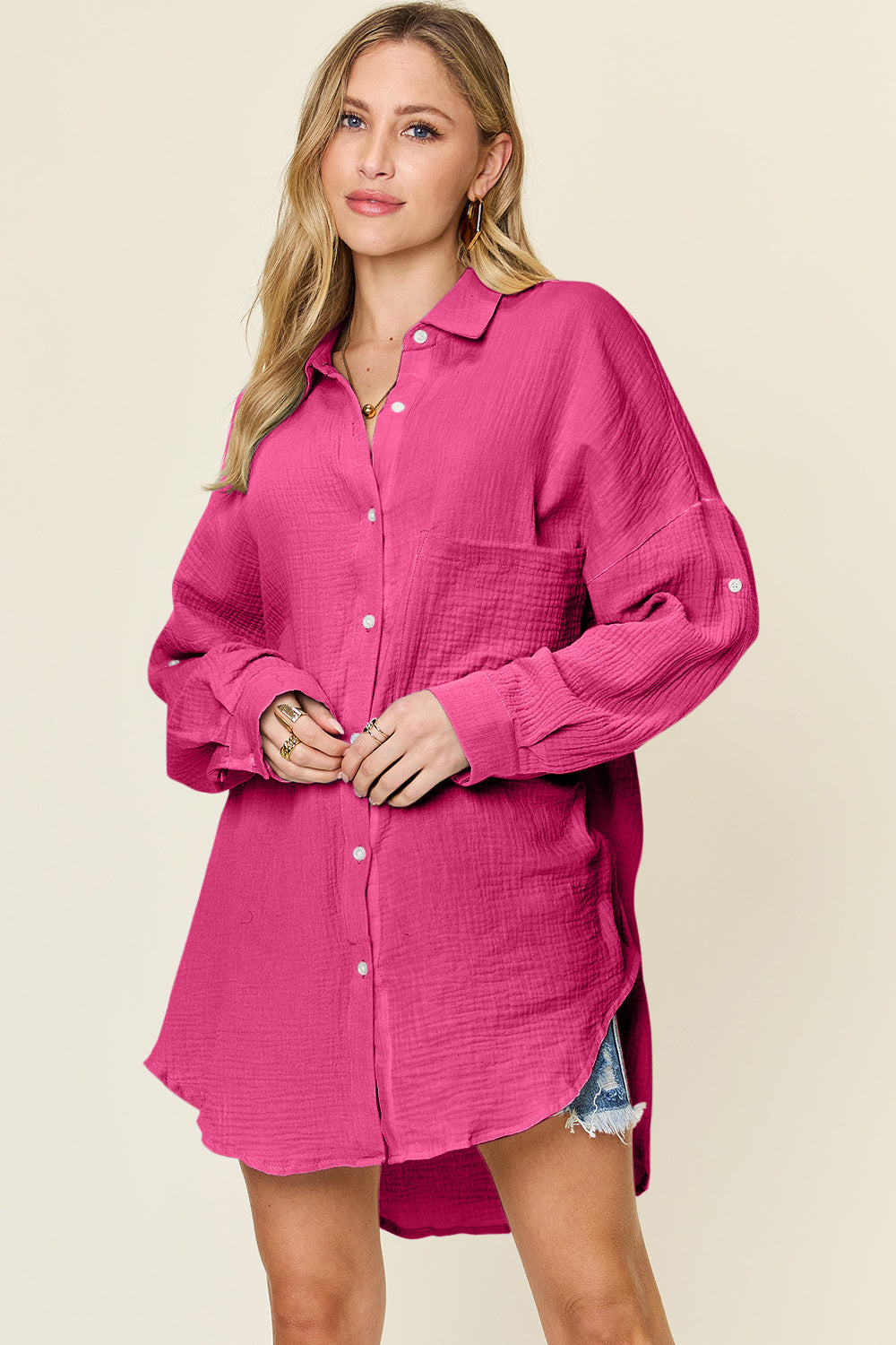 Double Take Full Size Pocketed Texture Button Up Shirt Shirt Trendsi   