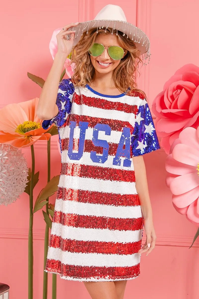 BiBi American Flag Theme Usa Print Sequin Dress - NeoKira Unlimited