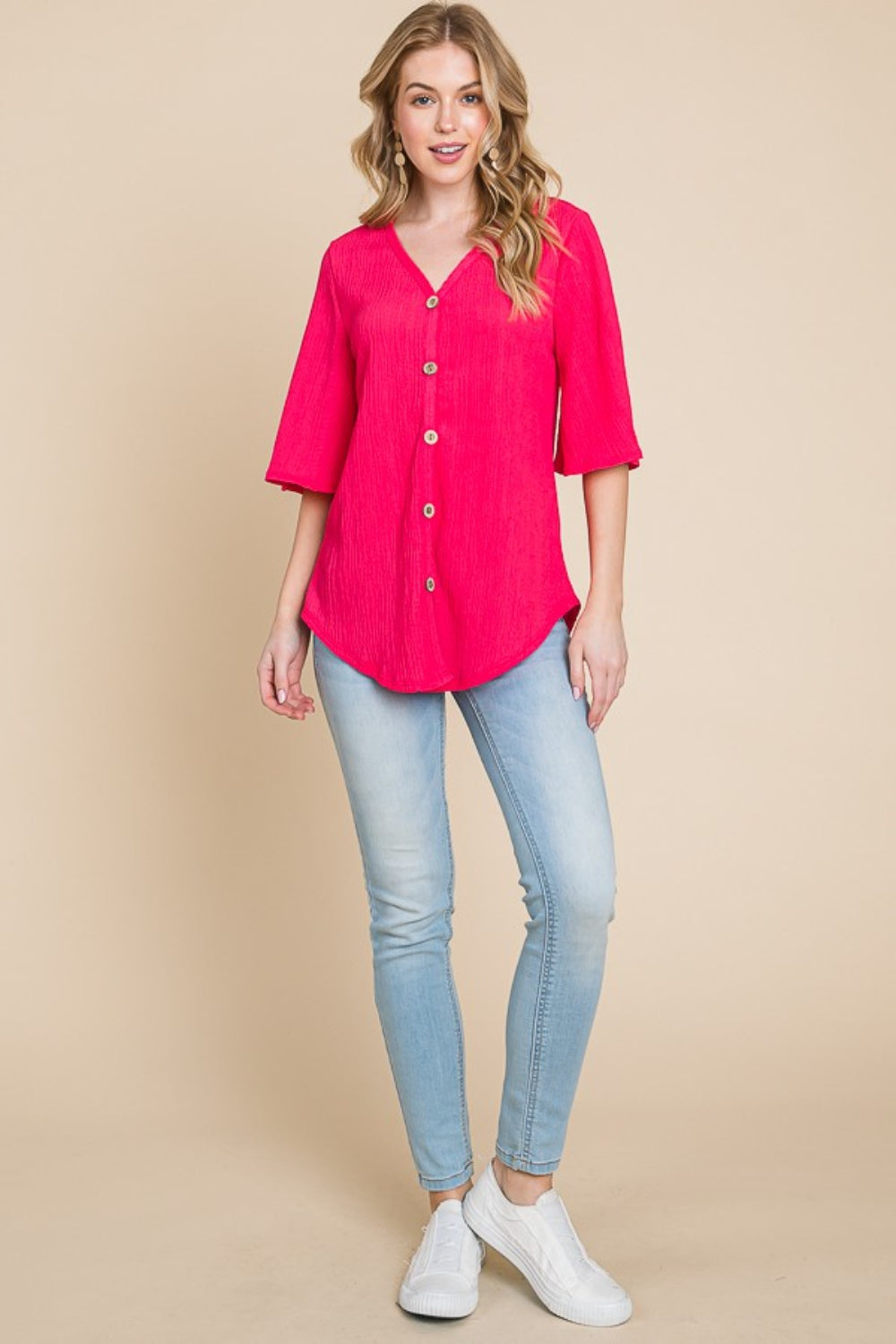 BOMBOM Texture Decorative Button V-Neck Top Top Trendsi   