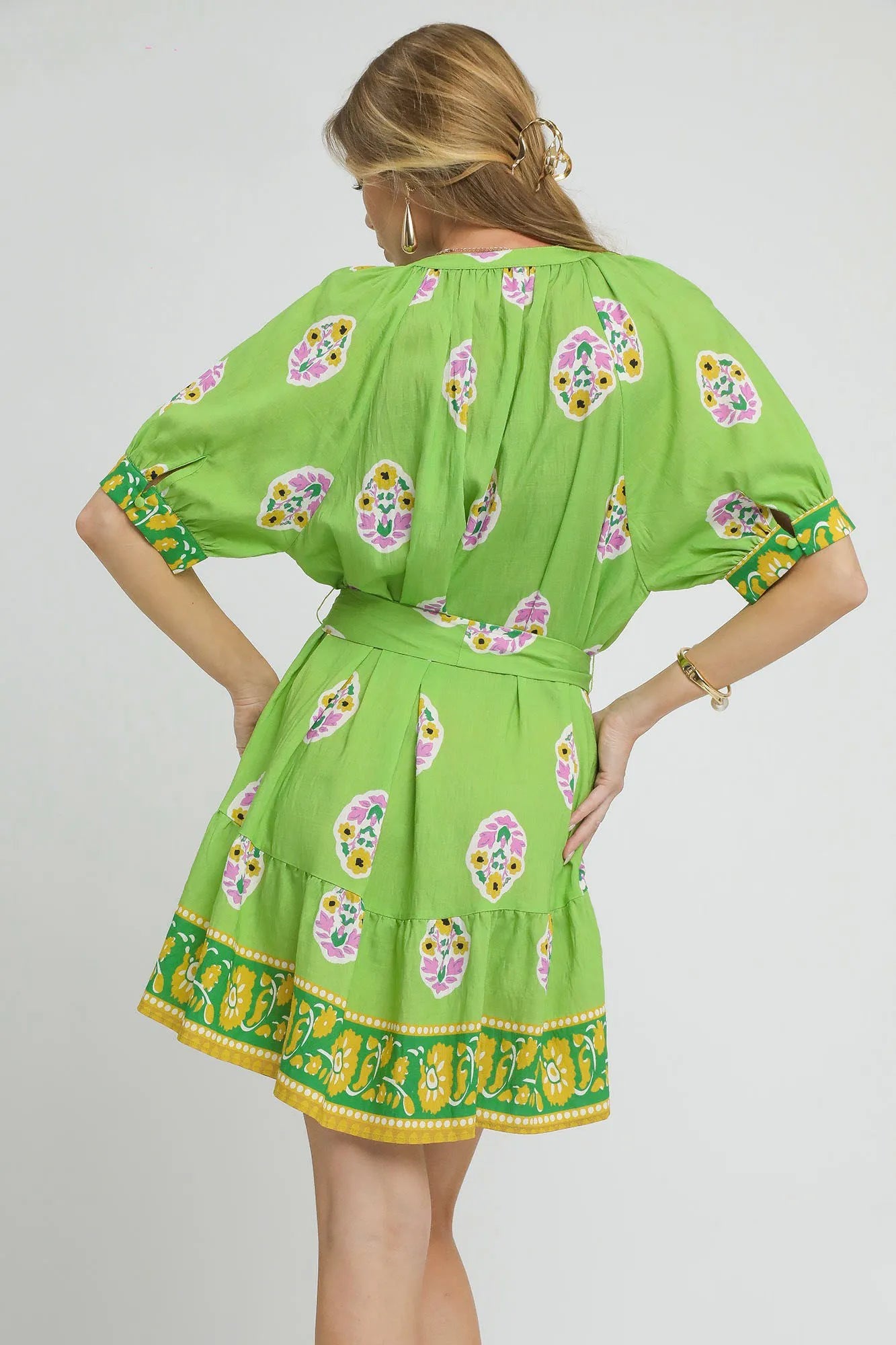 Umgee Floral Green Tie Waist Boho Shirt Dress Garden-Inspired Chic Look - NeoKira Unlimited
