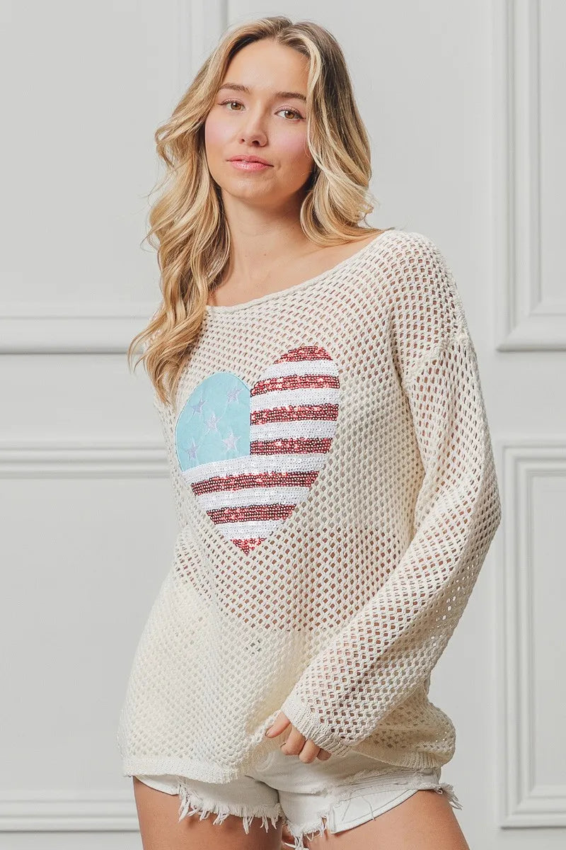 BiBi Sequin American Flag Heart Knit Up - NeoKira Unlimited