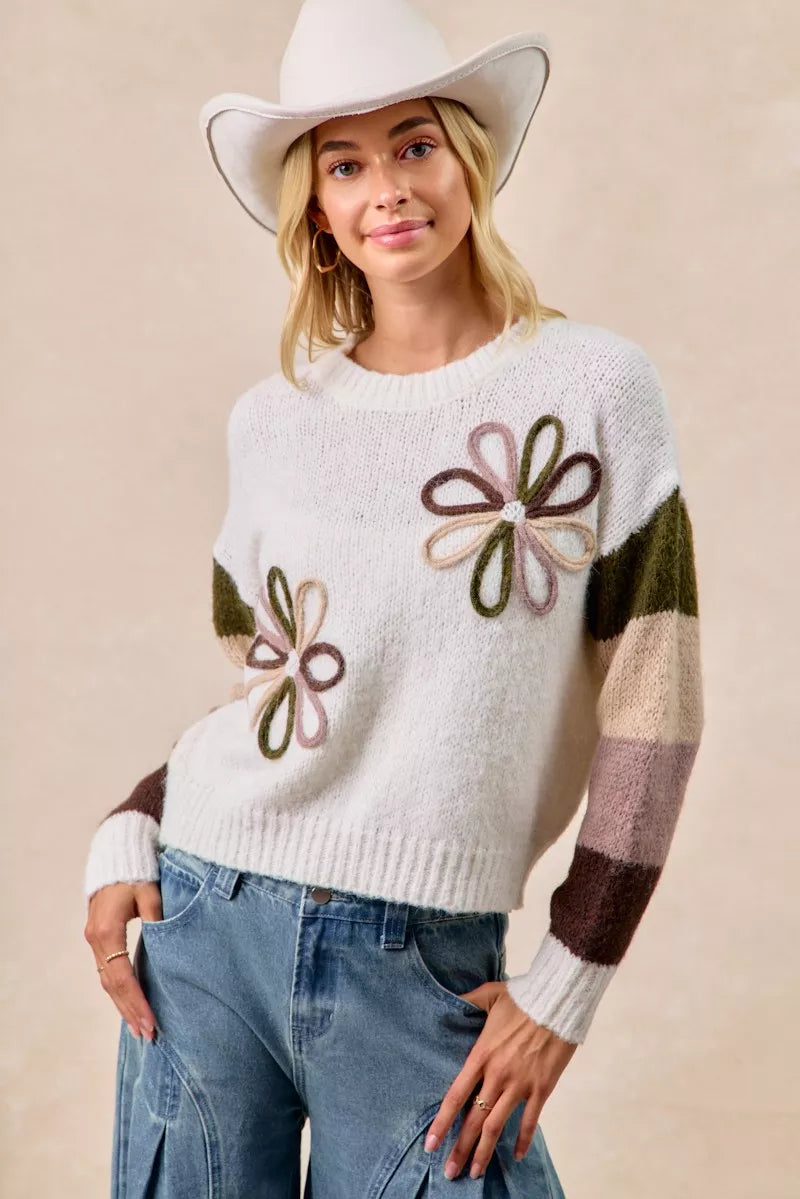 BiBi Flower Color Block Sweater Retro Y2K Cozy Streetwear Style - NeoKira Unlimited