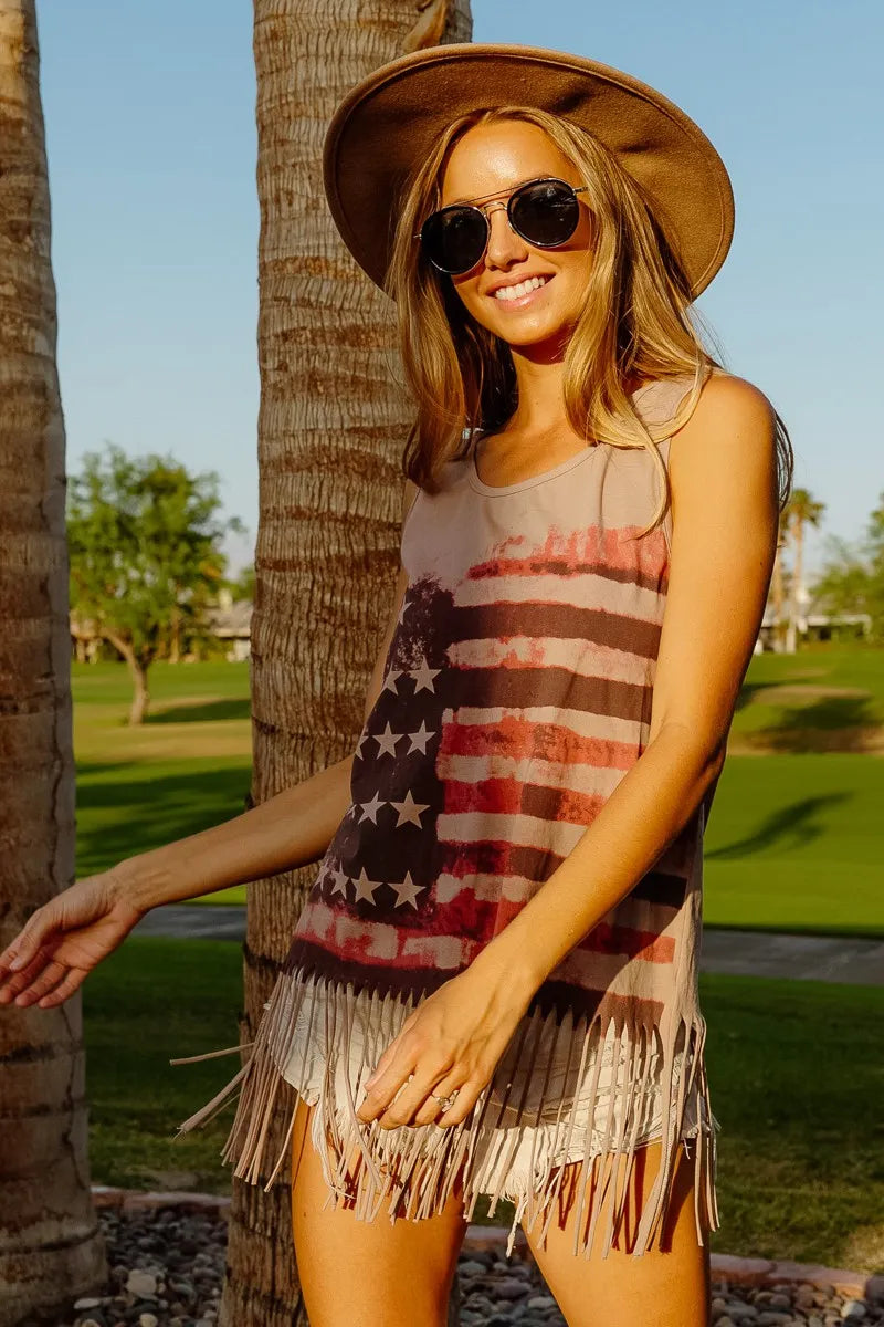 BiBi Distressed Flag Fringe Tank Top – Boho Americana Vibes - NeoKira Unlimited