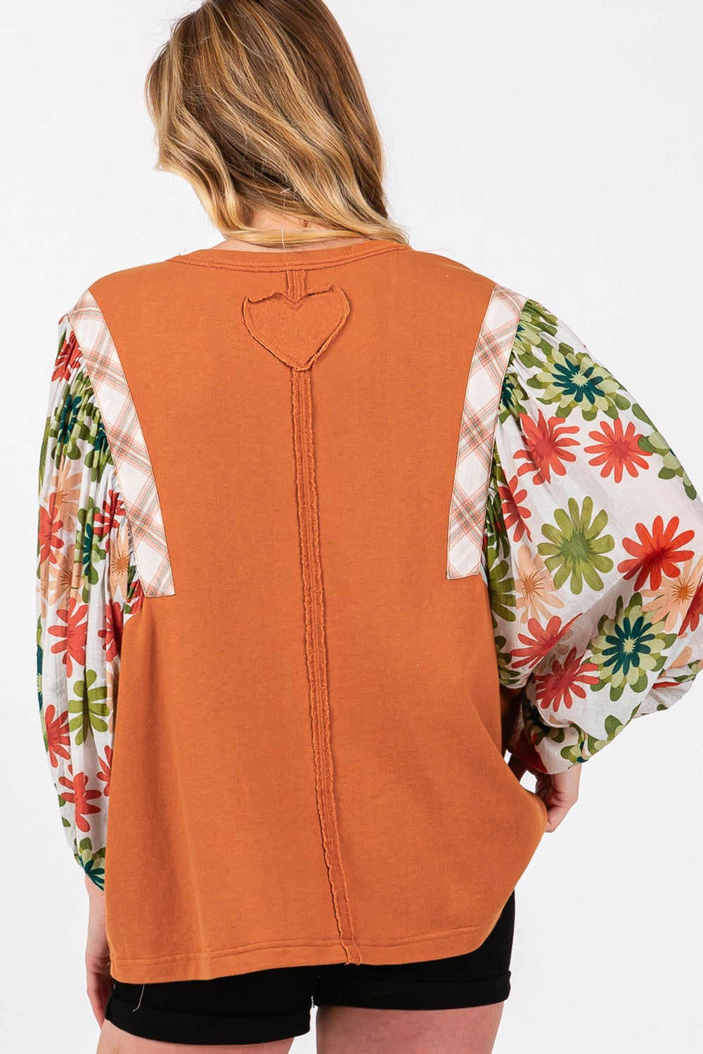 SAGE + FIG Full Size Printed Balloon Sleeve Contrast Top - NeoKira Unlimited