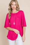 BOMBOM Round Neck Waffle Knit T-Shirt Top Trendsi Fuchsia S 